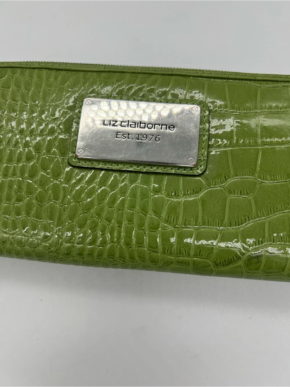Liz Claiborne Olive Green Croc-Embossed Zip Around Wallet